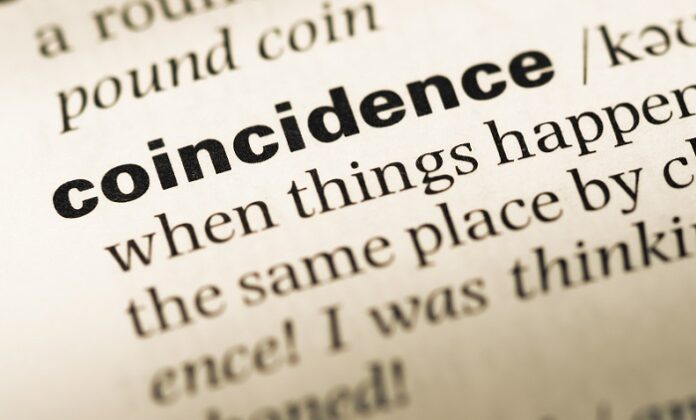 Close Up Of Old English Dictionary Page With Word Coincidence.